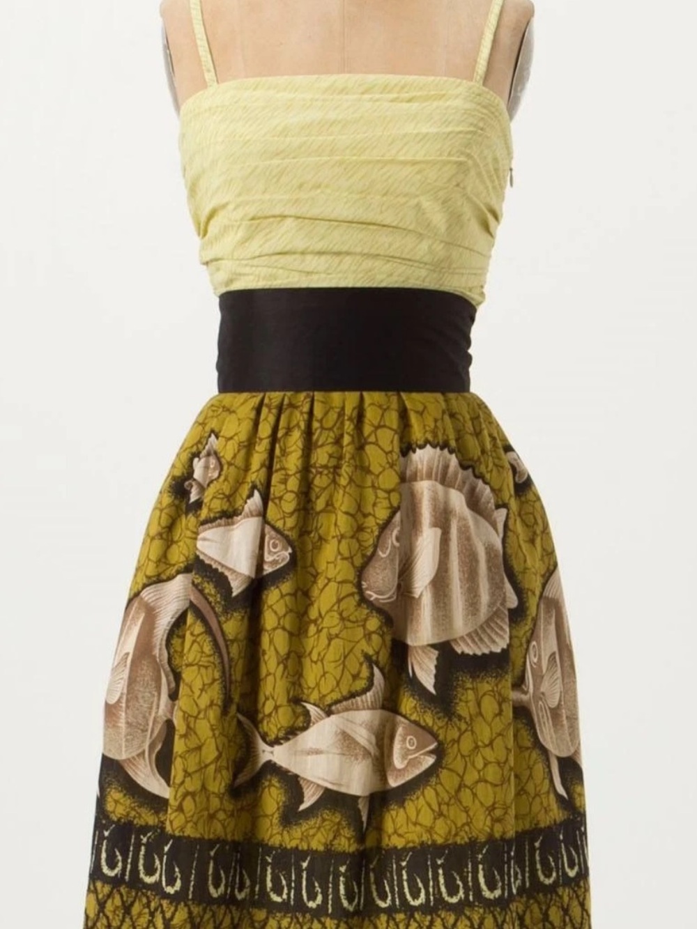 Anthropologie Strapless Olive Green Fish-Print Dress with Black Waist